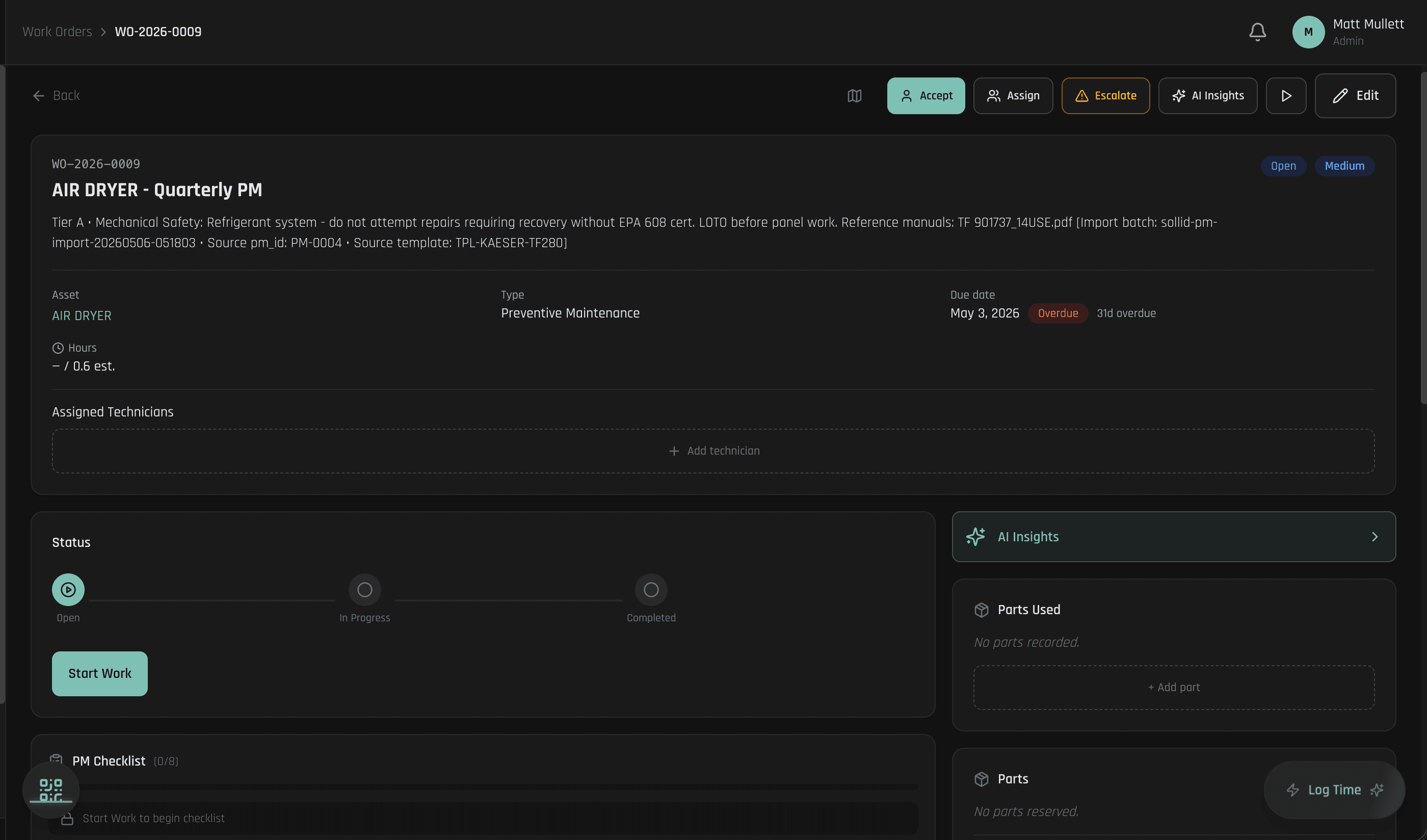 assetZ work order detail — timer, checklist, parts, and history on one screen